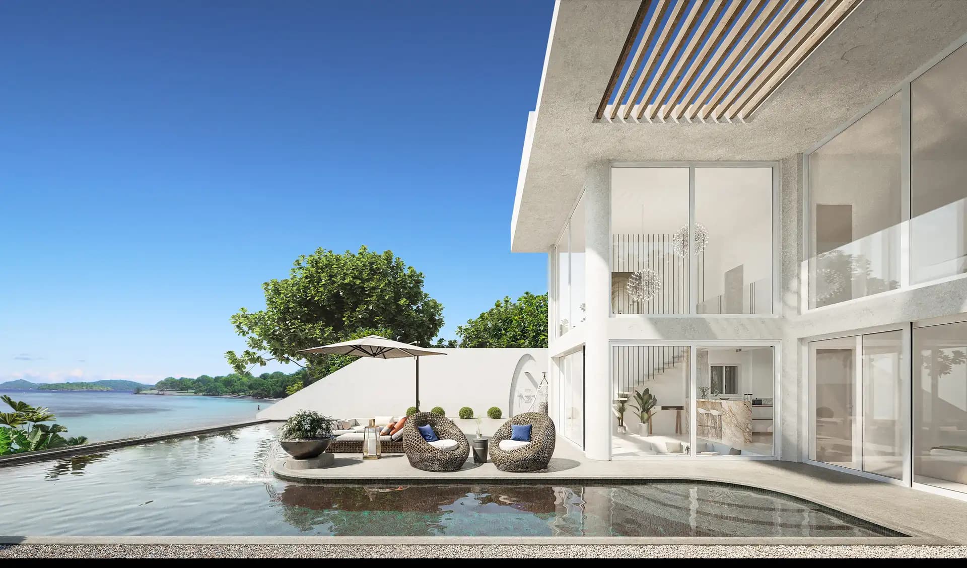 Perspective 3D photoréaliste extérieure d’une villa contemporaine avec piscine à débordement