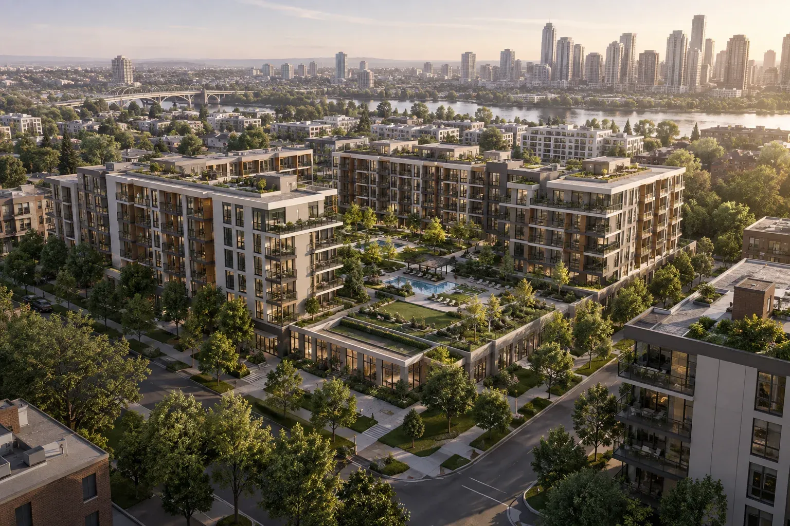 Film architectural montrant l’approche aérienne d’une résidence neuve intégrée à son quartier