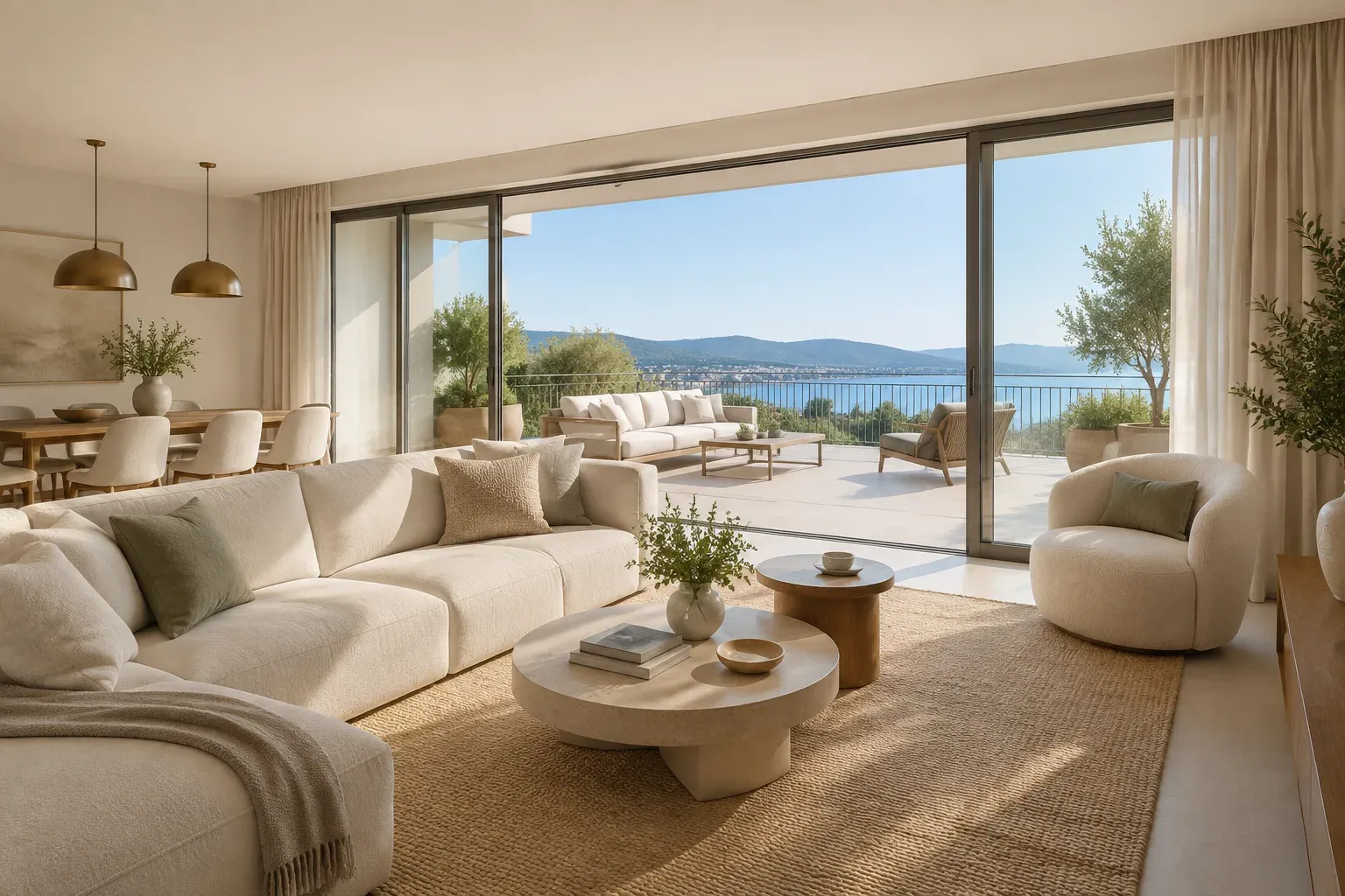Perspective intérieure fictive d’un séjour ouvert sur une terrasse pour une plaquette commerciale