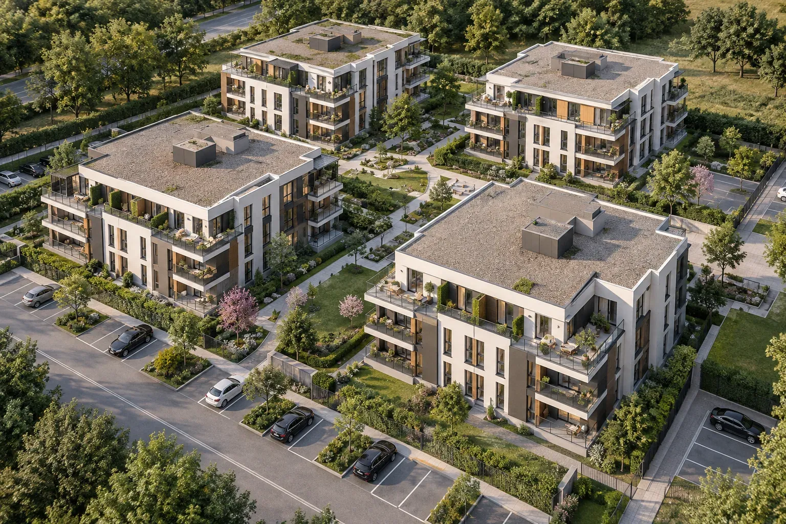 Vue 3D aérienne d’un programme résidentiel avec bâtiments, voies, jardins et stationnements