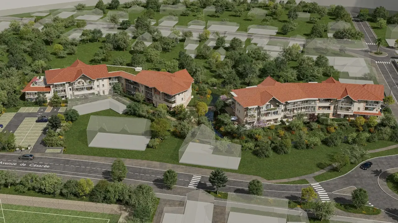Vue aérienne 3D de deux bâtiments aux toitures rouges, avec contexte voisin simplifié et voies de circulation