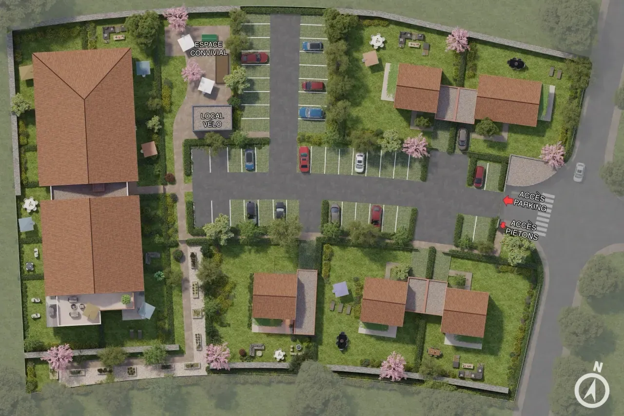 Plan de masse 3D en vue aérienne d’un programme résidentiel avec bâtiments, circulations, végétation et espaces extérieurs