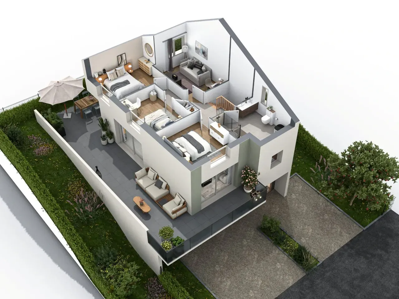 Plan 3D en coupe d’un logement sur deux niveaux avec pièces meublées, terrasse, jardin et circulations visibles