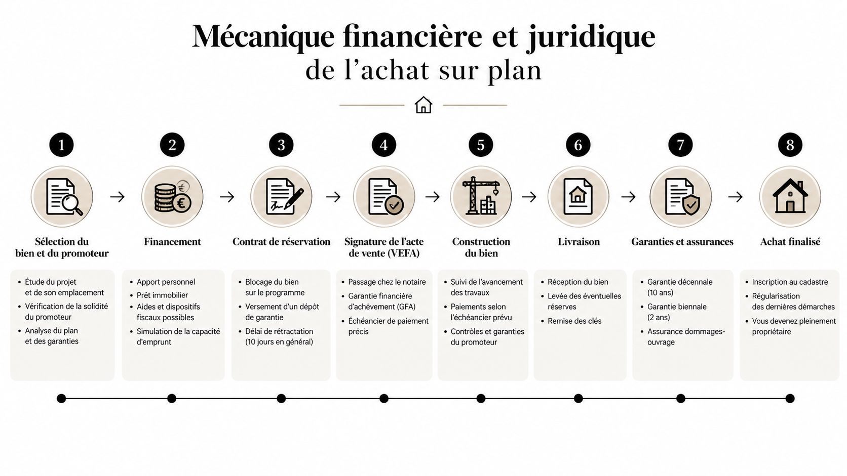 Infographie détaillant les huit étapes clés du processus d'achat d'un bien immobilier sur plan.