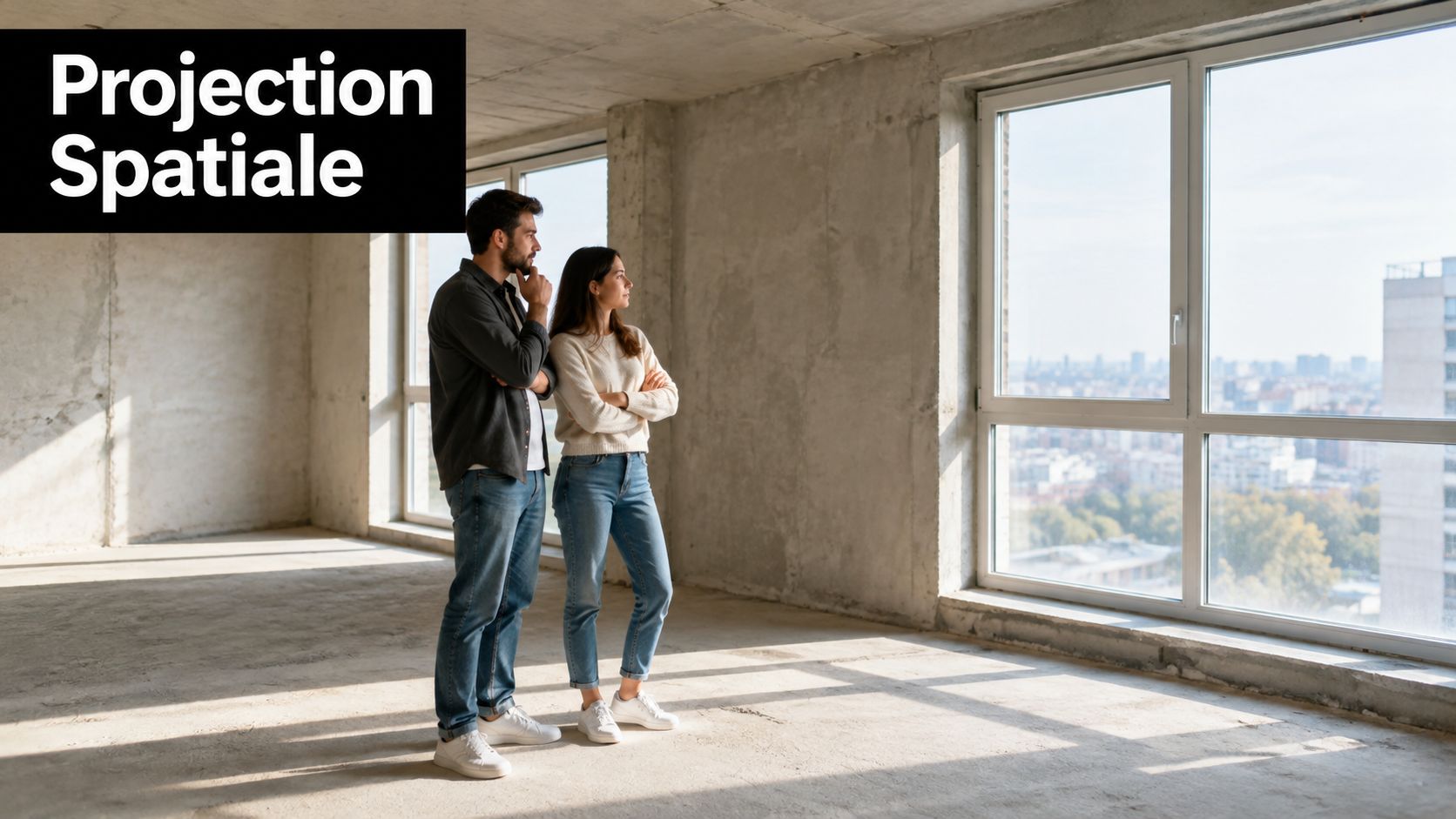 Un couple admirant la vue depuis une fenêtre dans un appartement vide en cours de construction