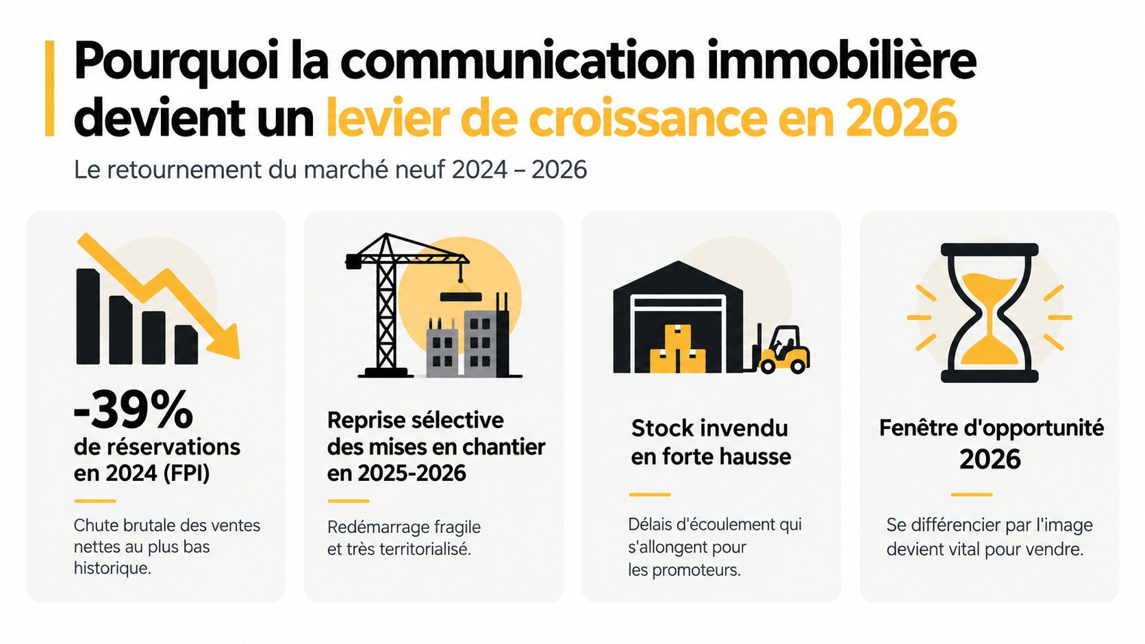 Infographie illustrant les enjeux stratégiques de la communication immobilière face à la crise du secteur neuf.