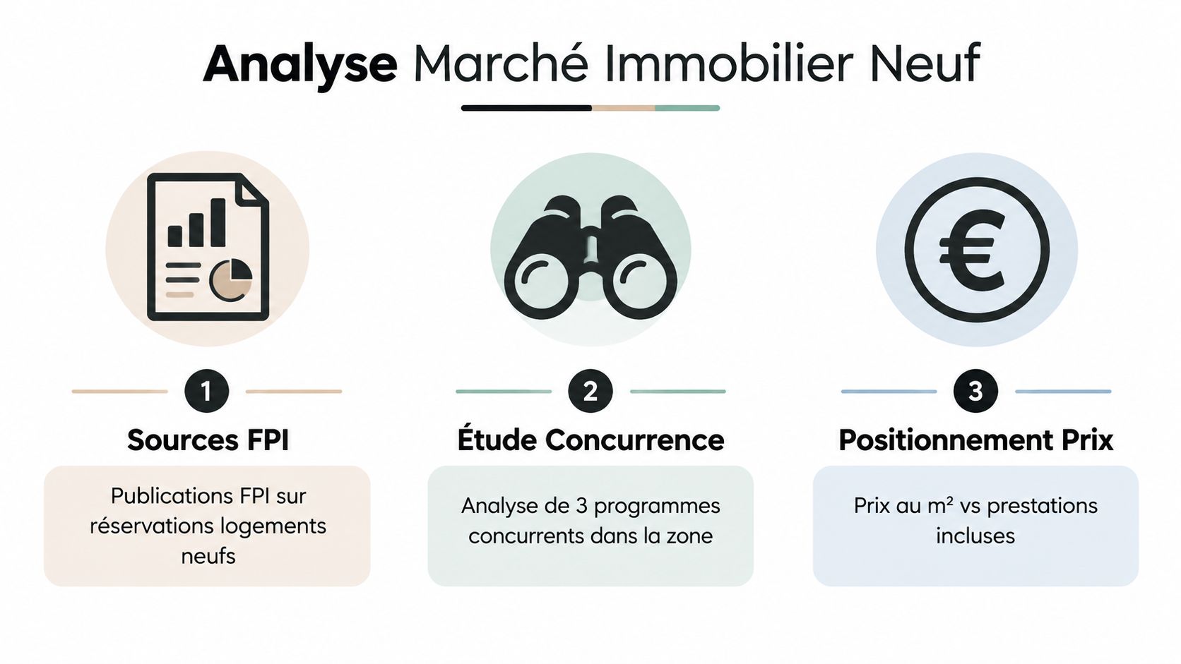 Infographie présentant les trois étapes de l'analyse du marché immobilier neuf : sources, concurrence et prix.