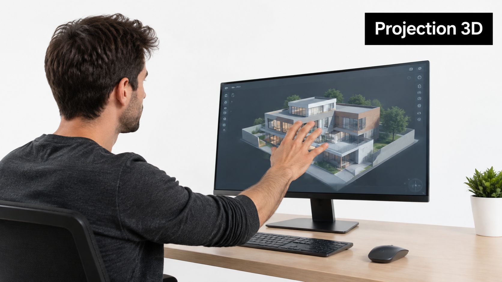 Un architecte travaillant sur un projet de maison en trois dimensions sur son écran d'ordinateur moderne.