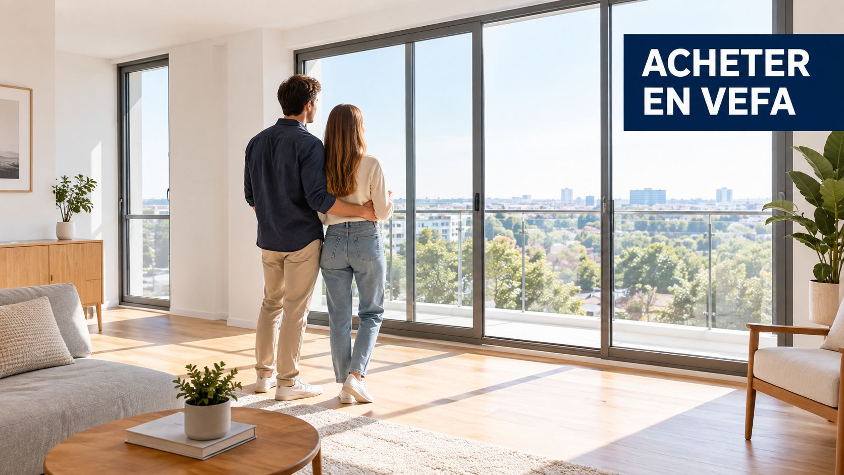 Un couple admirant la vue panoramique sur la ville depuis le salon moderne de leur nouvel appartement.