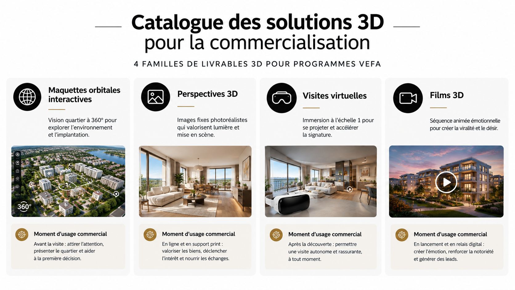Catalogue présentant quatre solutions 3D pour la commercialisation de programmes immobiliers VEFA : maquettes, perspectives, visites et films.