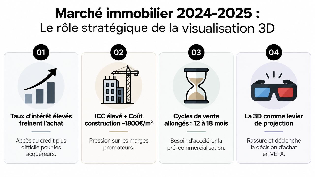 Infographie illustrant les défis du marché immobilier 2024-2025 et l'importance stratégique de la visualisation 3D.