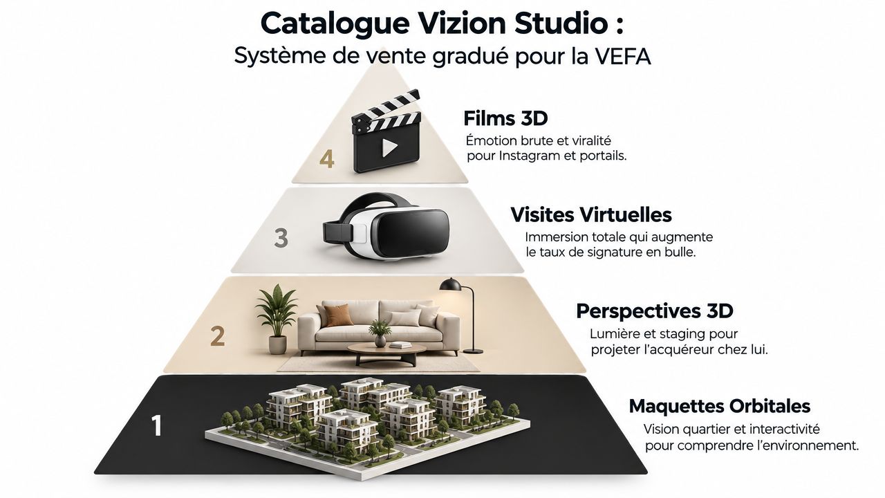 Une pyramide illustrant les services de Vizion Studio pour la vente immobilière en VEFA, incluant maquettes et 3D.