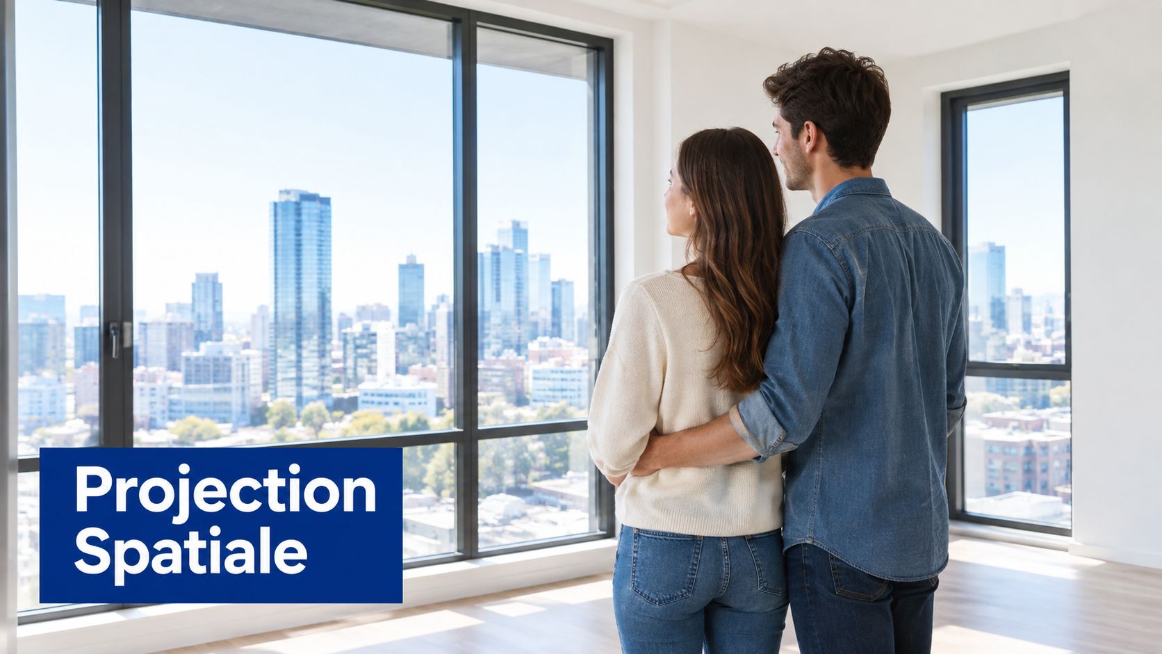 Un couple admirant la vue panoramique sur la ville depuis les grandes fenêtres de leur nouvel appartement.