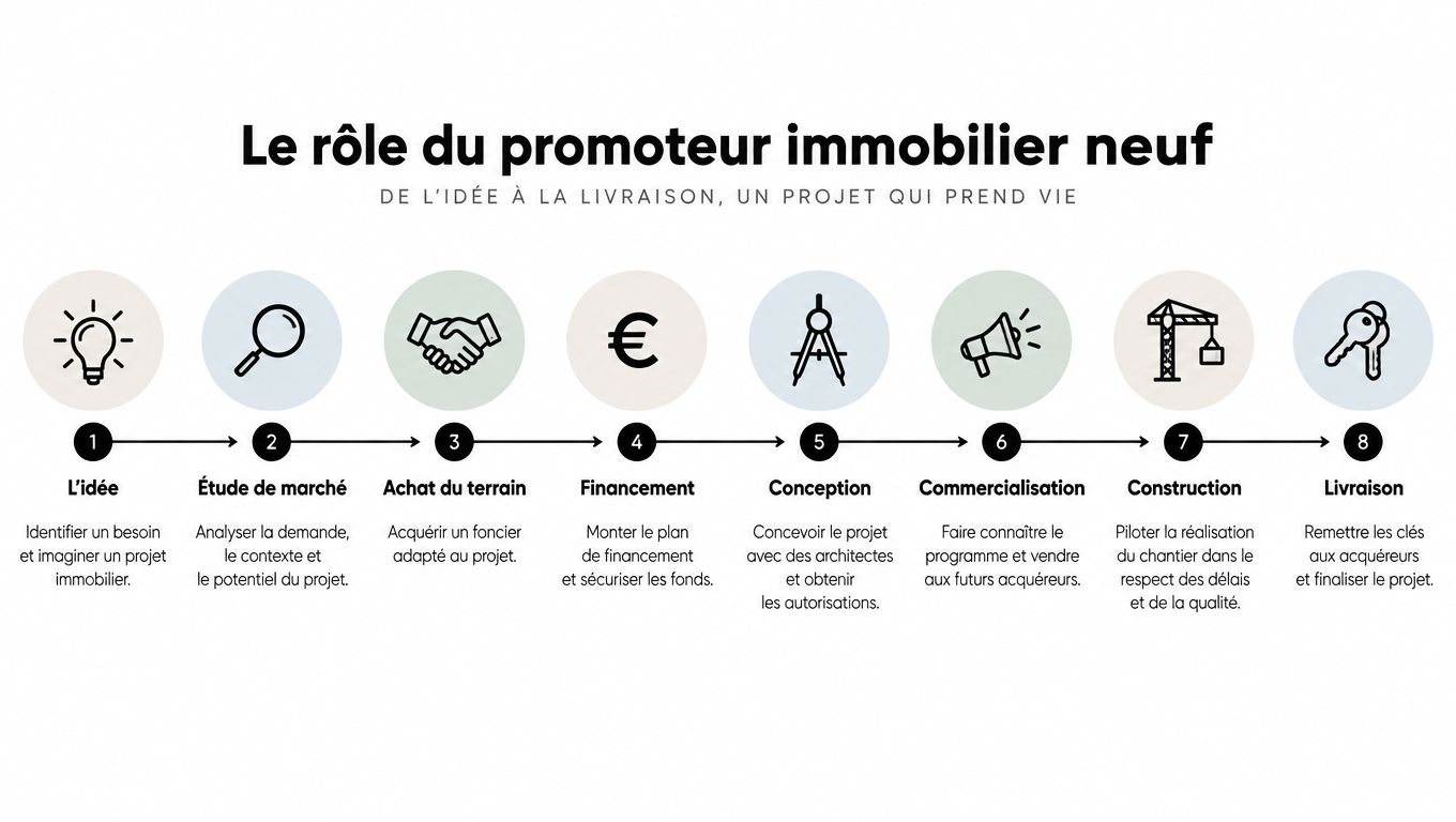Infographie illustrant les huit étapes clés du rôle d'un promoteur immobilier, de l'idée initiale jusqu'à la livraison finale.