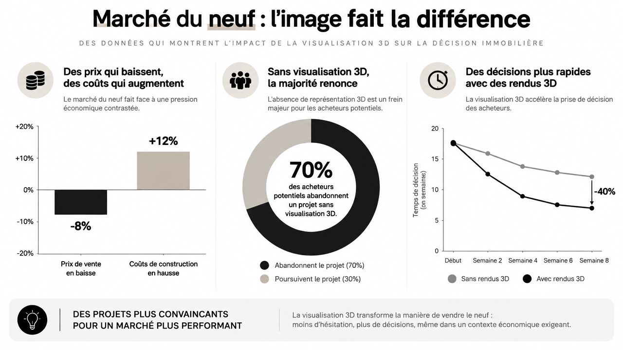 Infographie montrant l'importance des visualisations 3D pour accélérer les ventes dans le secteur immobilier neuf.