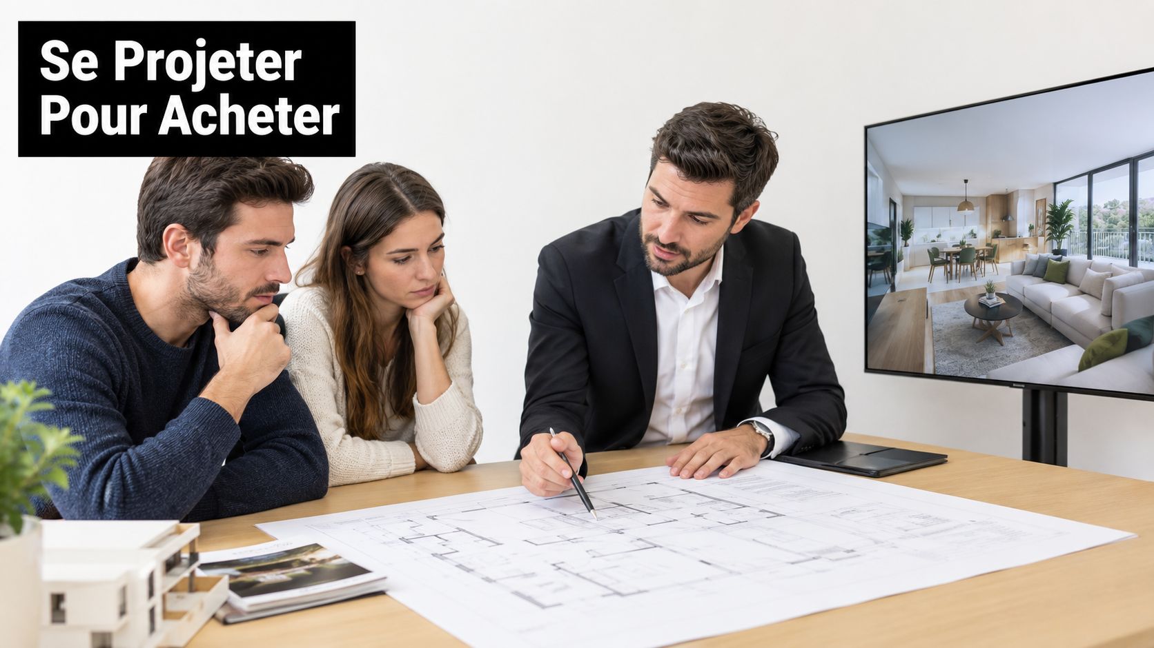 Un couple consulte un agent immobilier qui leur présente des plans d'architecte et une visualisation 3D d'appartement.
