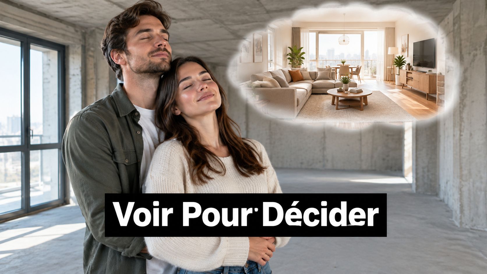 Un couple visualise son futur salon moderne dans un appartement vide en cours de rénovation.