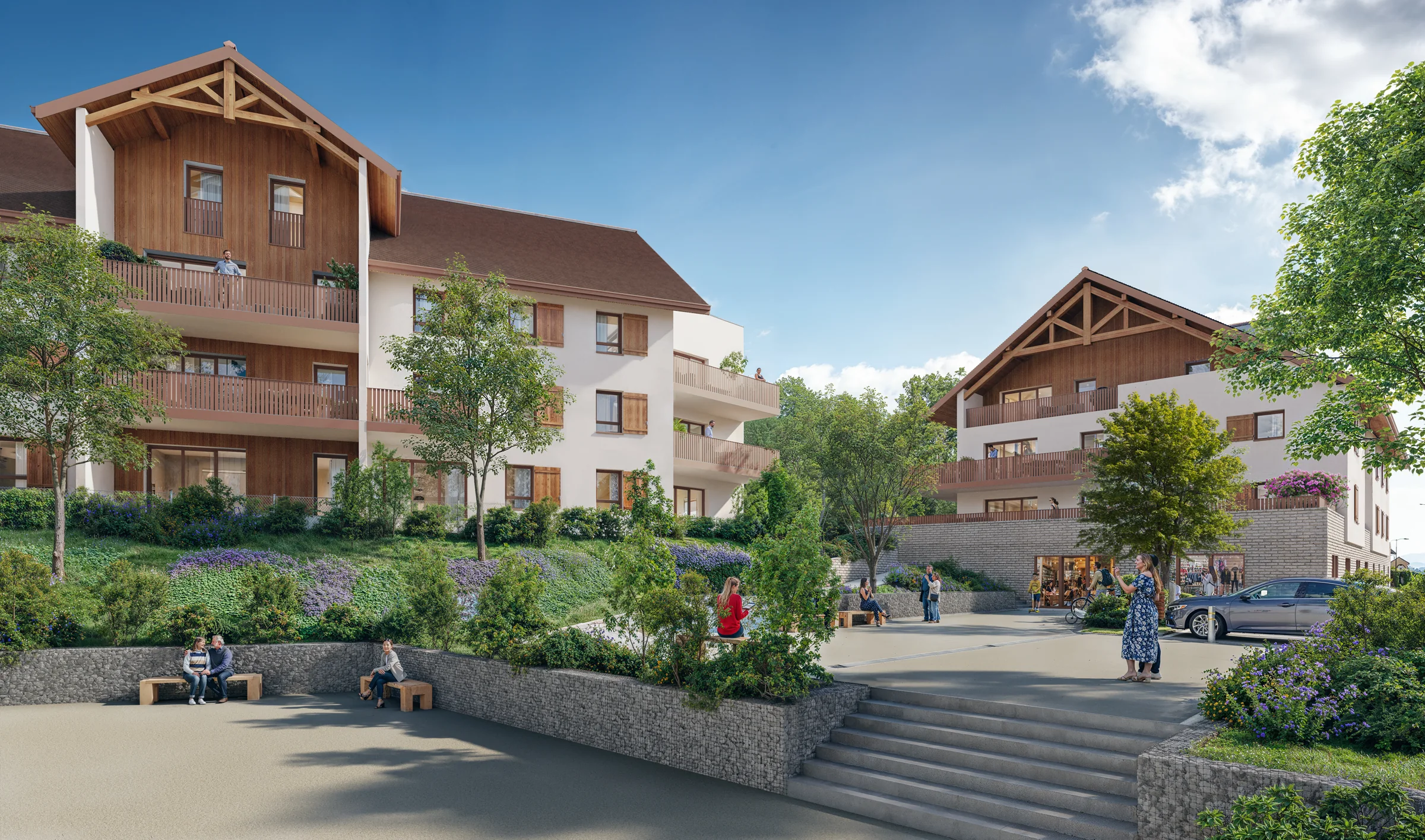 Perspective 3D de L’Alta à Hauteville-sur-Fier : résidences, cheminements et espaces paysagers