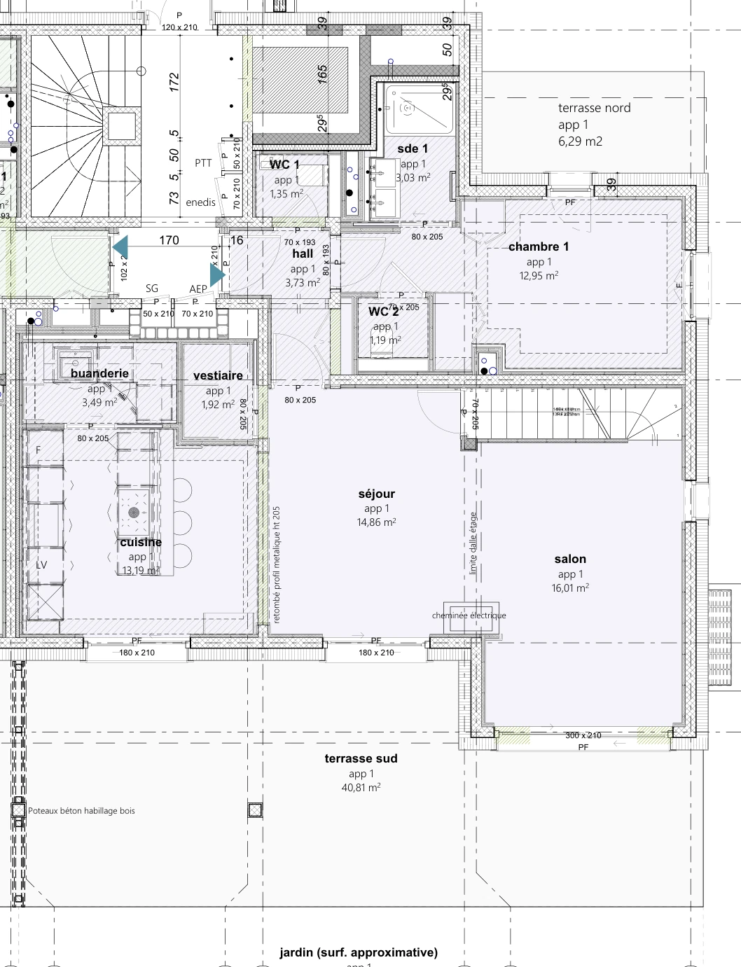 Plan 2D du rez-de-chaussée du chalet 1, appartement 1 de La Belle aux Bois : cuisine, séjour, chambre et terrasses