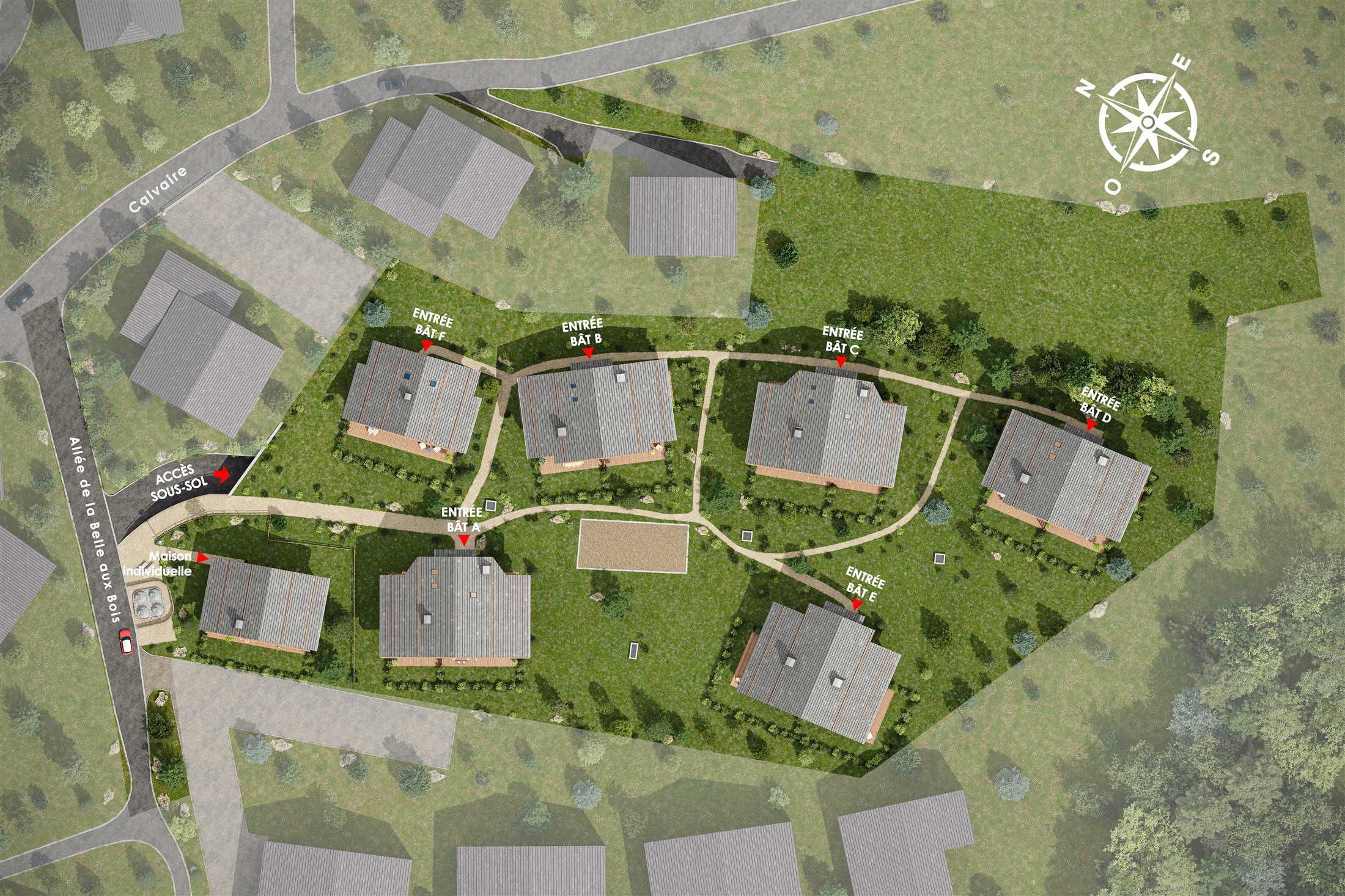 3D site plan of the wider La Belle aux Bois development showing buildings and access routes