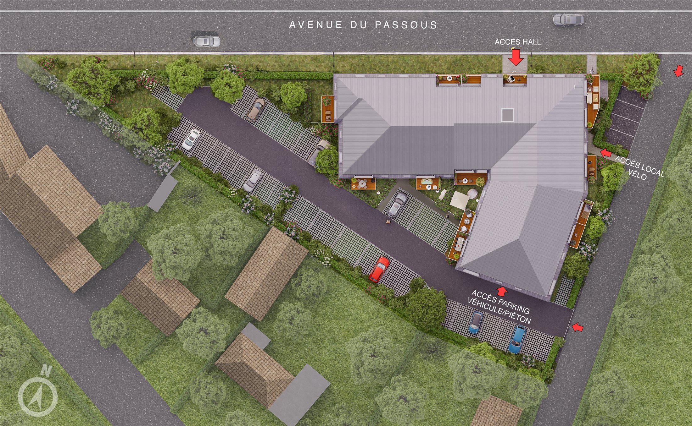 Plan de masse 3D légendé des Hauts d’Agon avec accès, jardins et stationnements