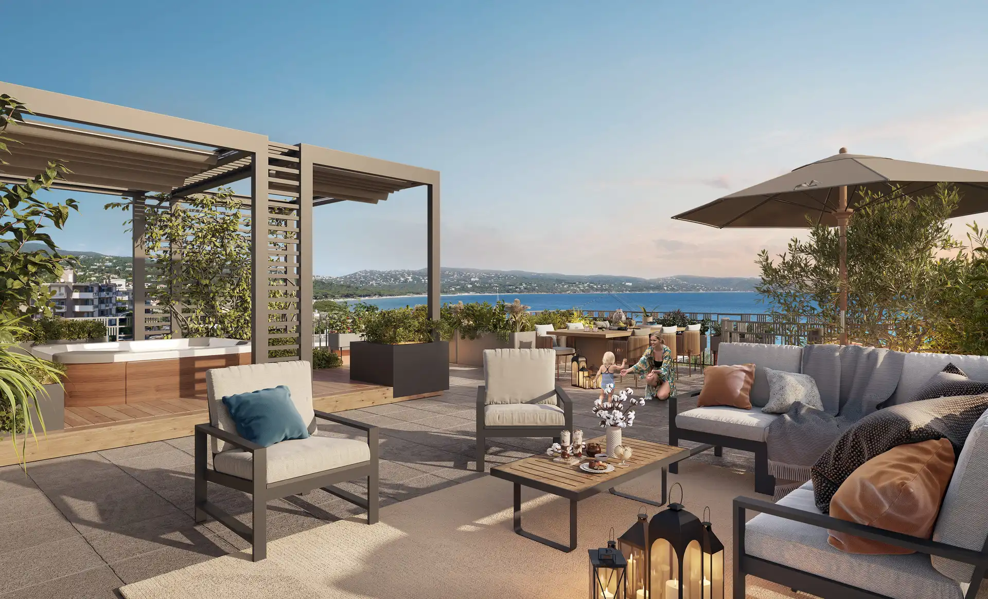 Photorealistic 3D rendering of a rooftop with sea view in Cavalaire