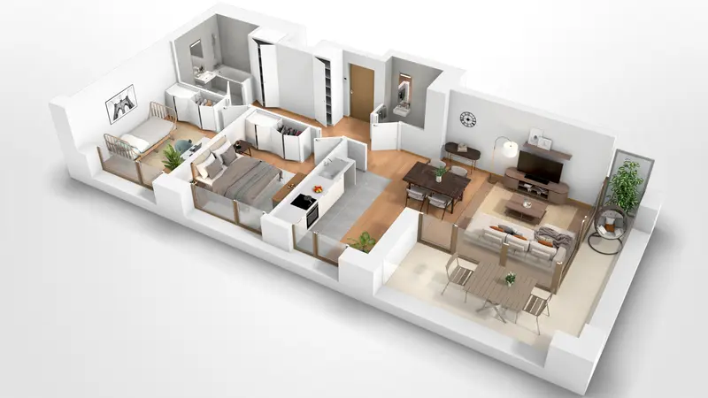 Plan 3D aménagé d'un appartement pour commercialisation en VEFA