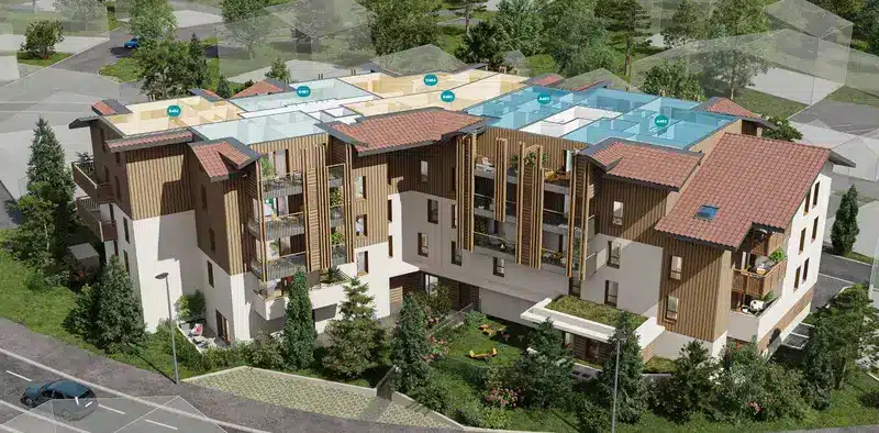 Maquette orbitale 3D d'un programme immobilier neuf, vue aérienne