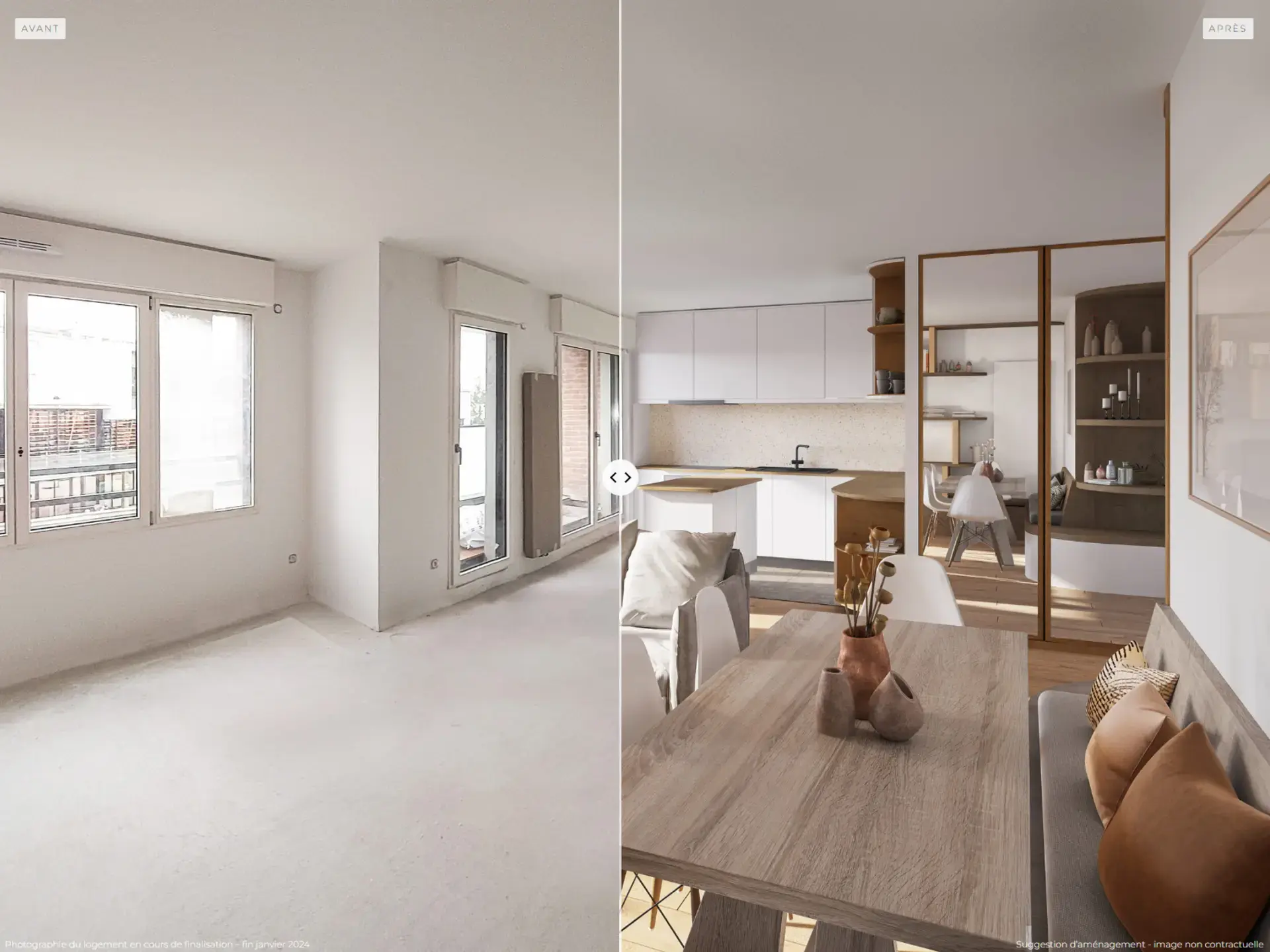 Simulation 3D avant/après salon appartement vide — Vizion Studio