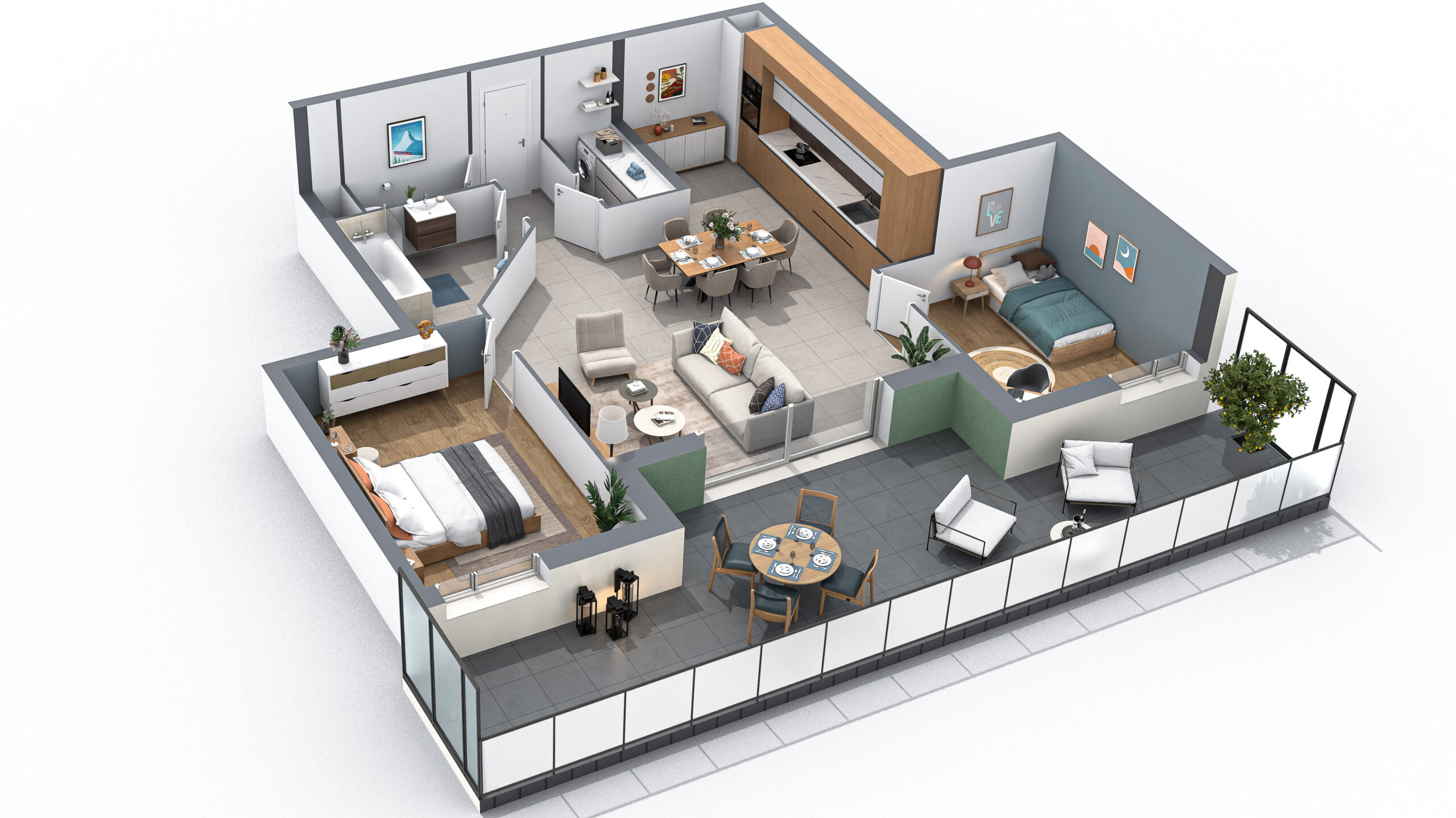 Plan d'un appartement moderne avec espaces ouverts.