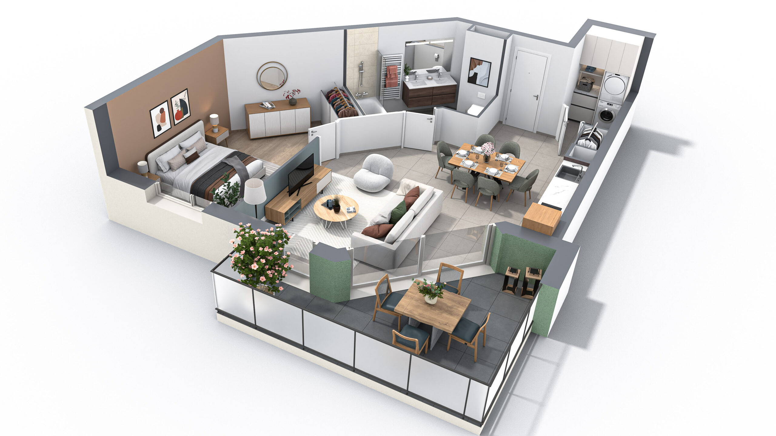 Plan d'un appartement moderne avec espace extérieur.