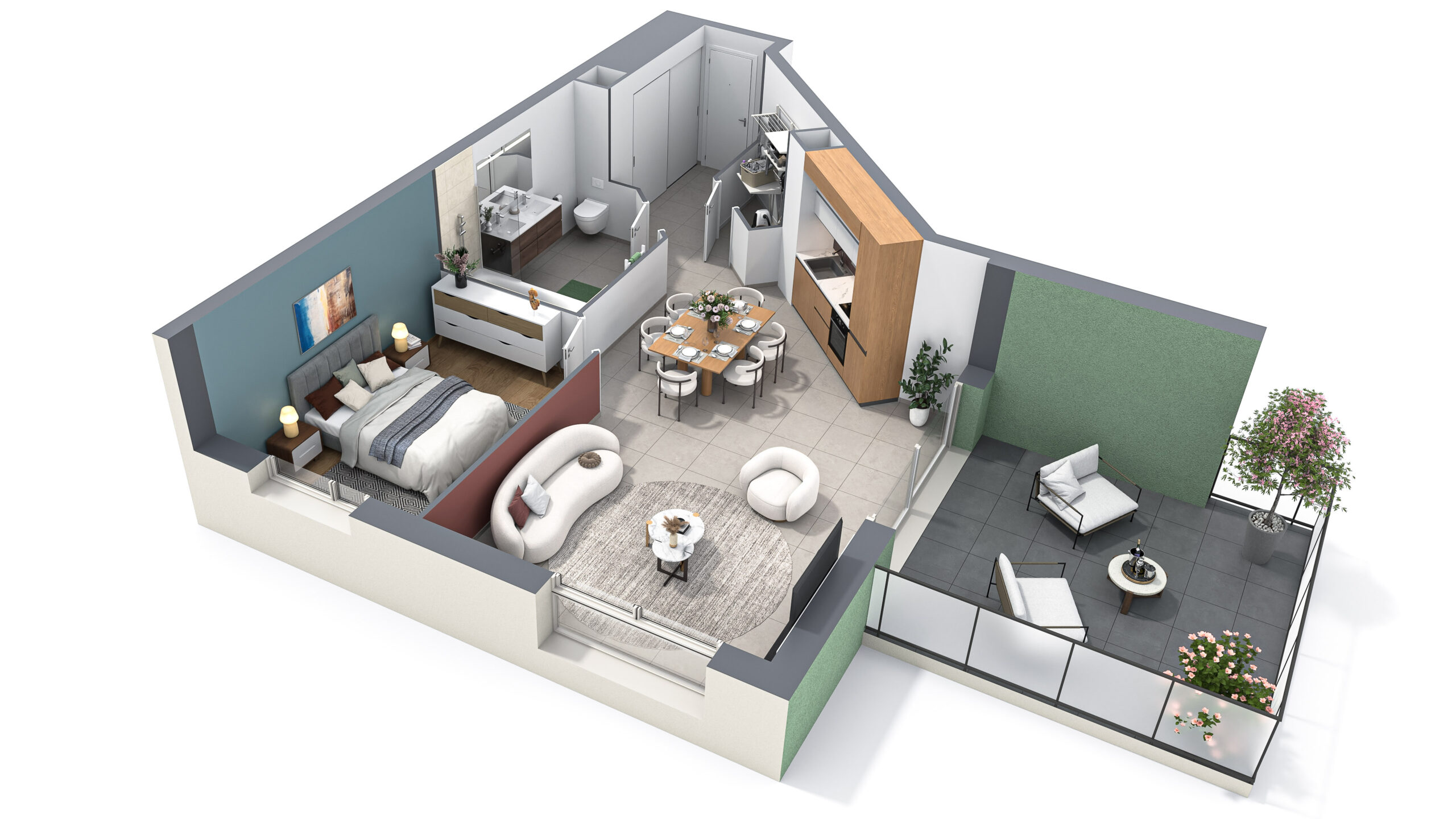 Plan d'un appartement moderne avec terrasse.