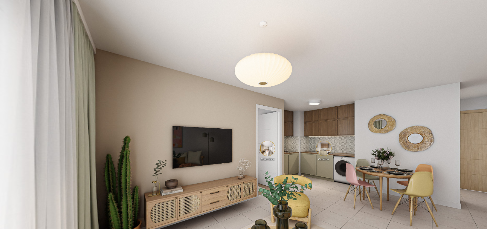 Intérieur moderne avec salon et cuisine ouverte