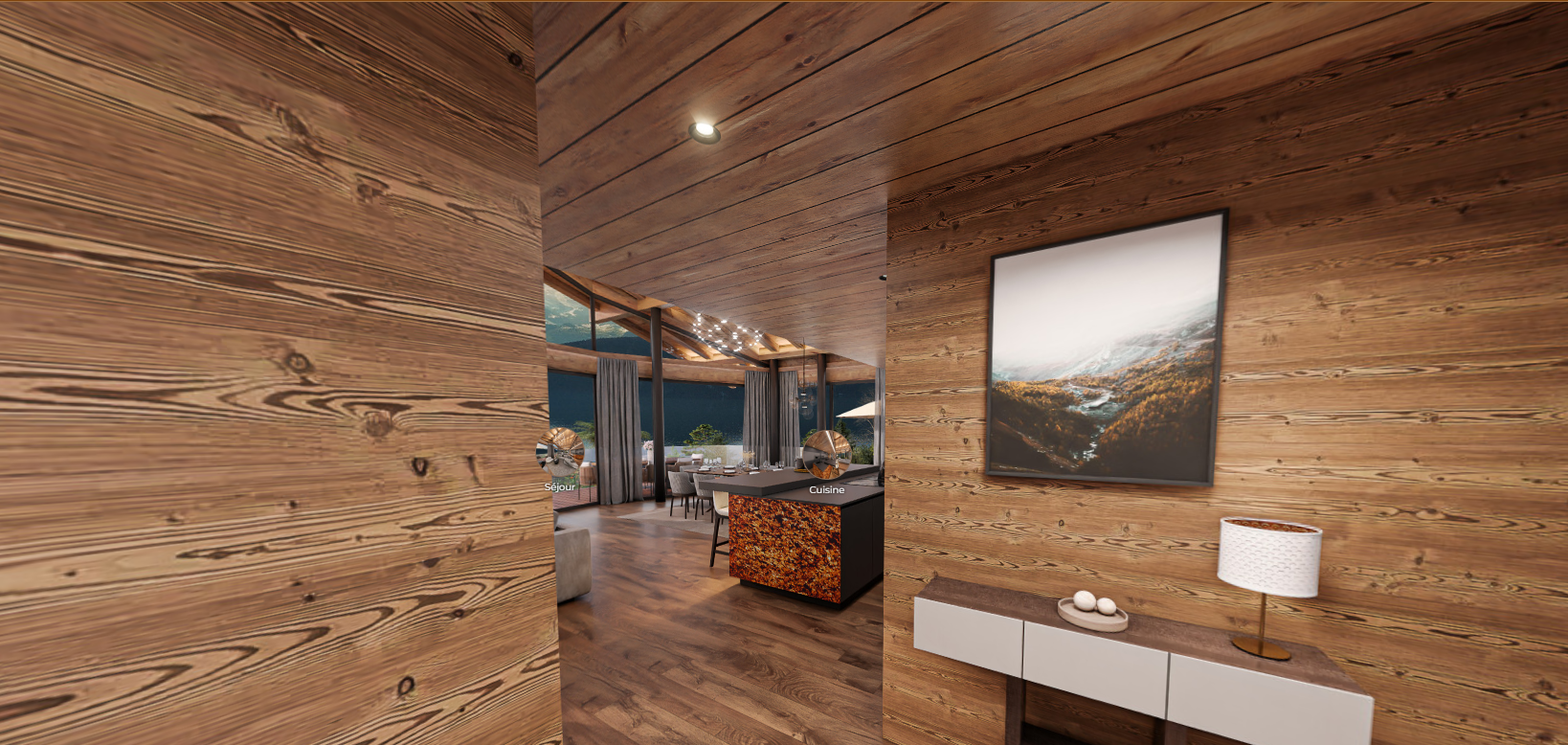 Intérieur moderne avec bois et décor chaleureux.