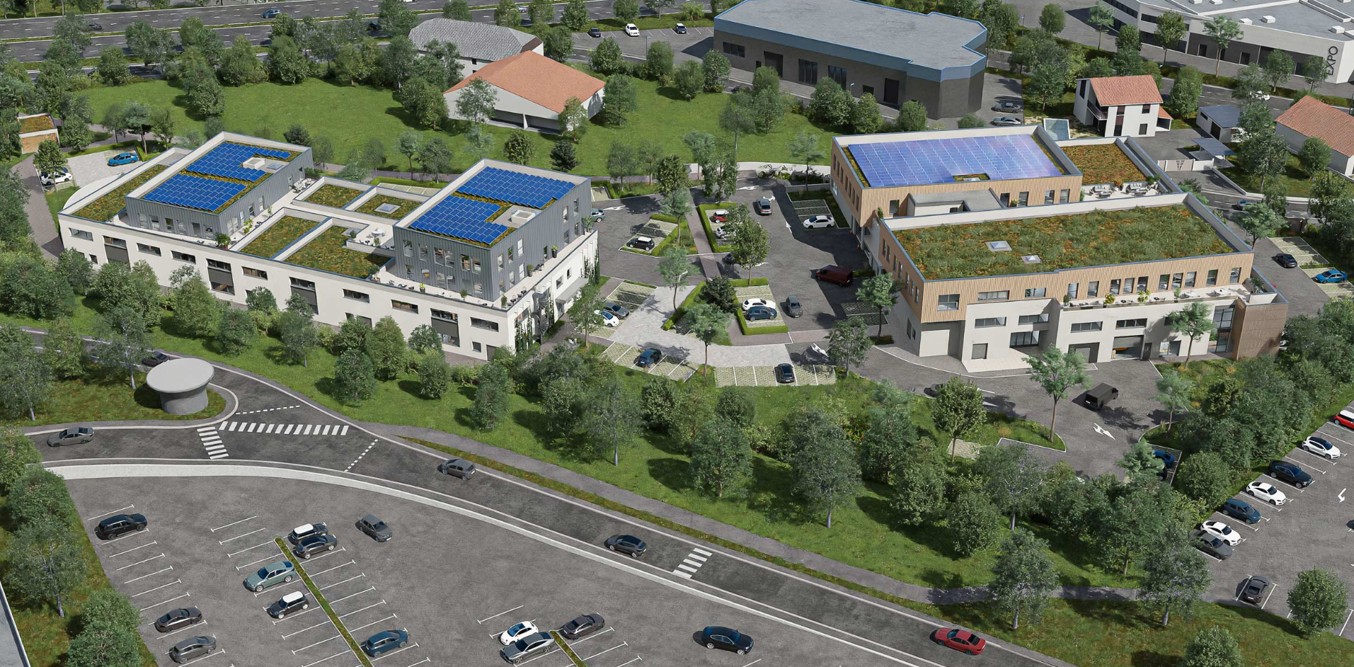 Vue aérienne d'un complexe de bâtiments modernes.