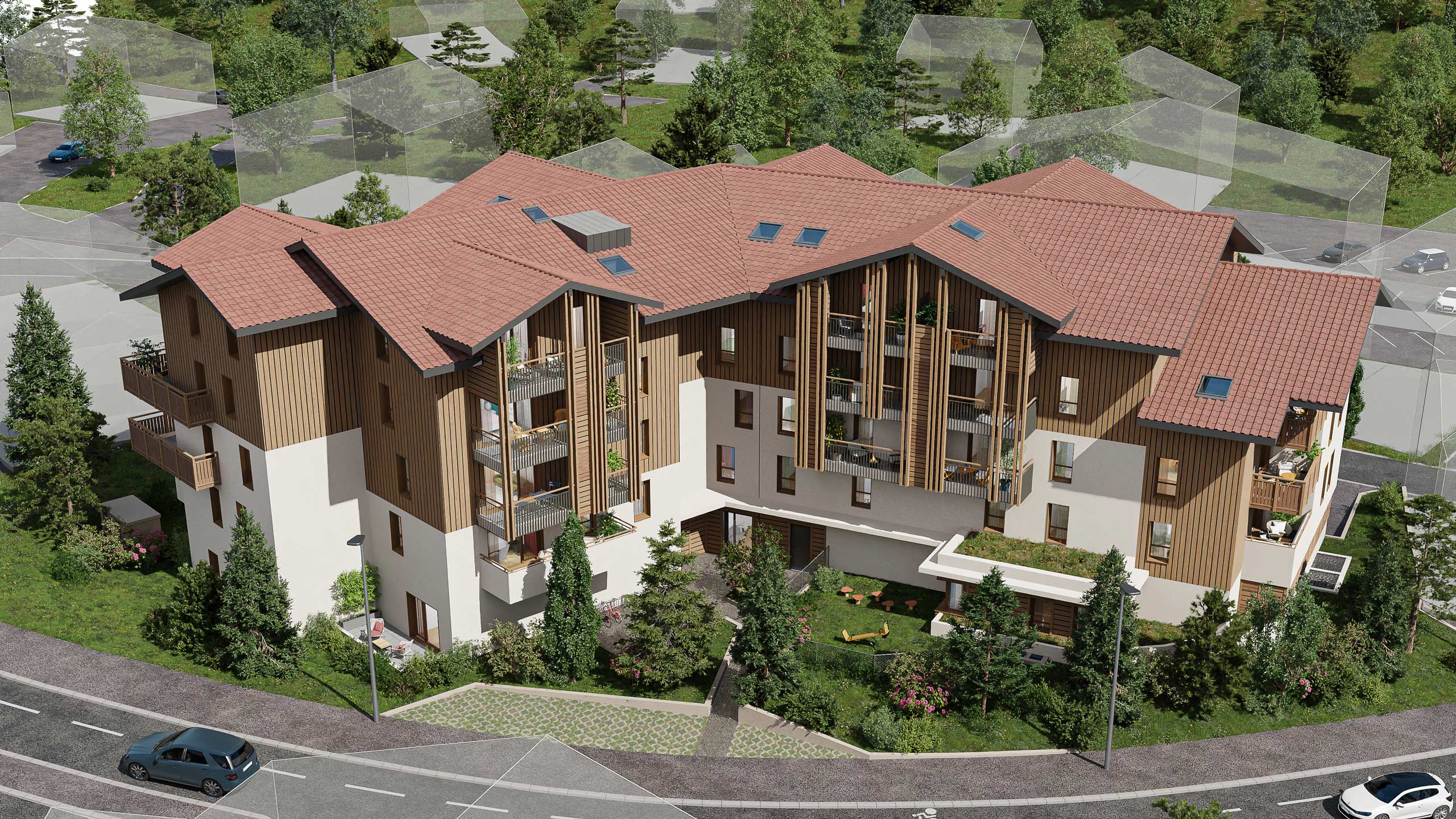 Vue aérienne d'un immeuble moderne résidentiel.