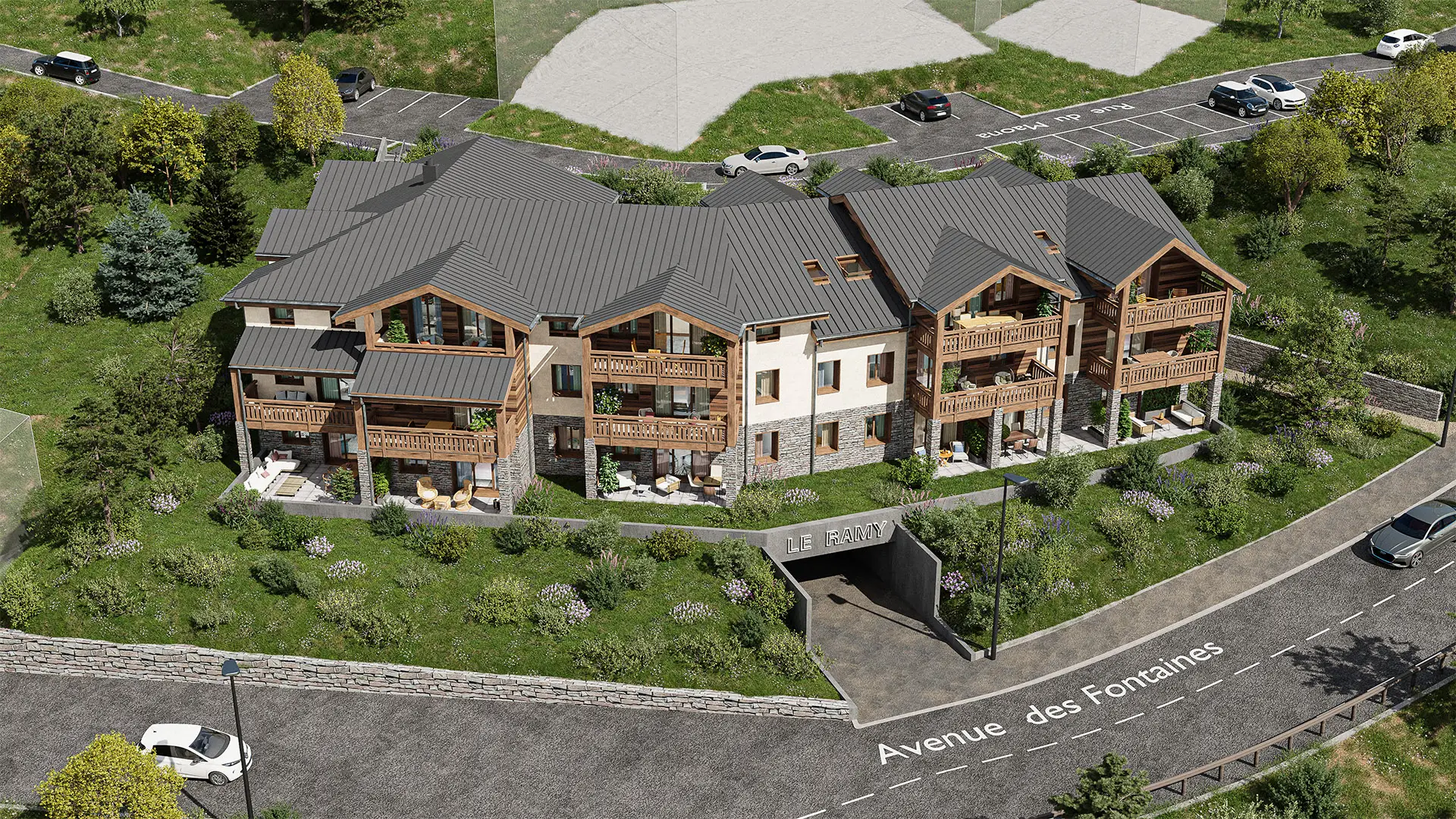 Vue aérienne d'un complexe résidentiel moderne