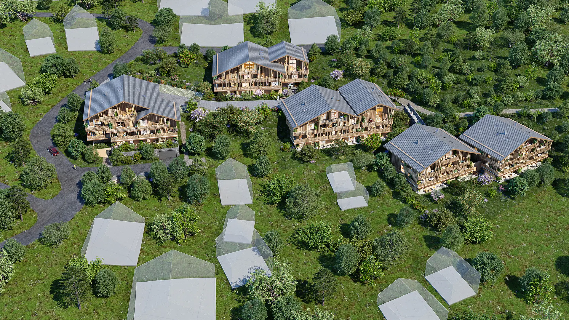 Vue aérienne d'un résidentiel moderne en nature.