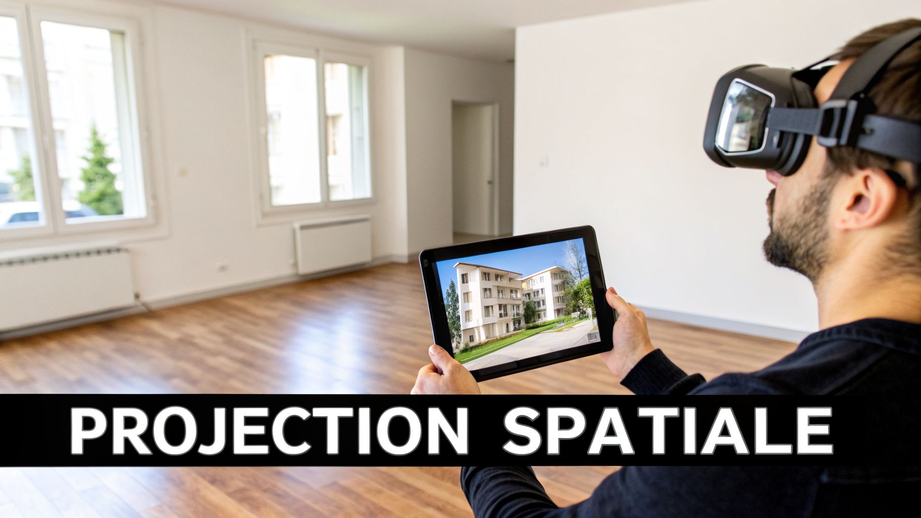 Une personne avec un casque VR et une tablette visualise une projection 3D d'un bâtiment dans un studio vide.