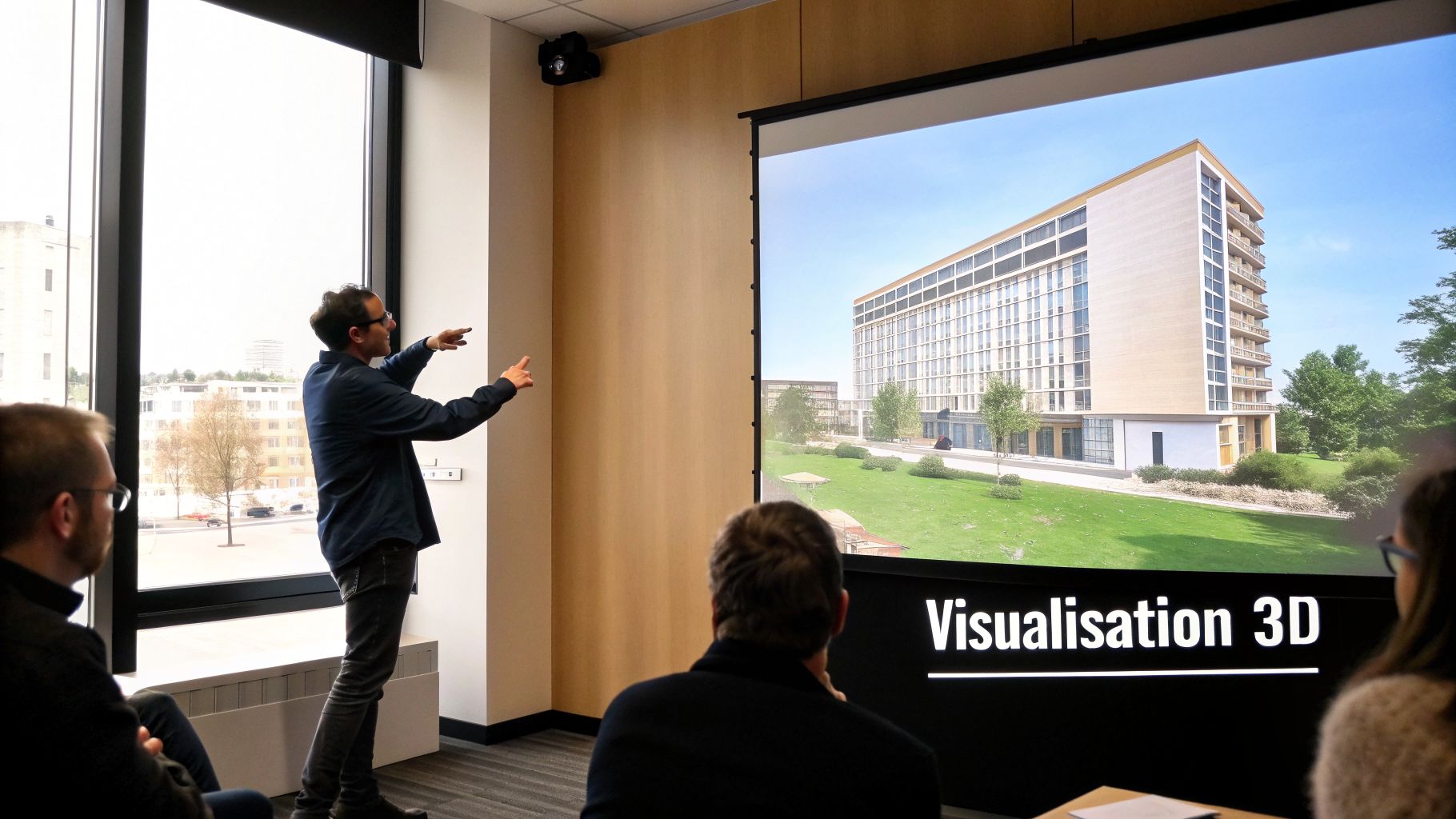 Un homme présente une visualisation 3D d'un projet immobilier sur un grand écran à des collègues.