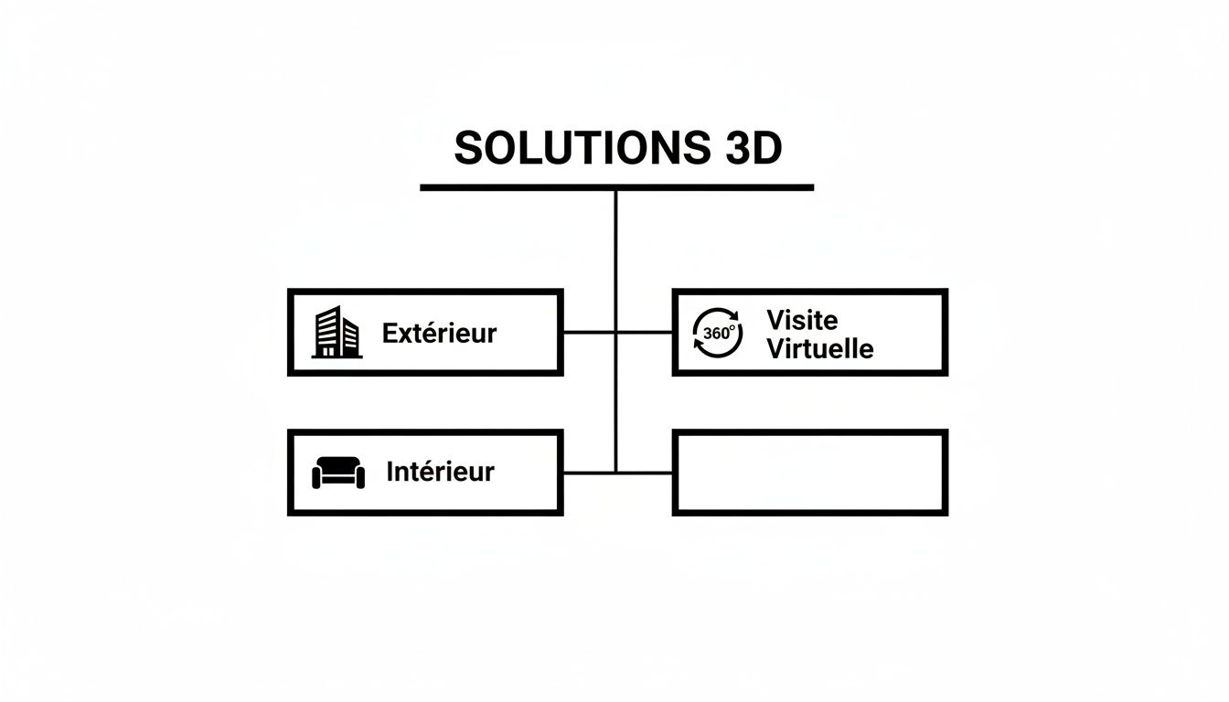 Diagramme des solutions 3D offertes par un studio d'animation, incluant extérieur, intérieur et visite virtuelle.
