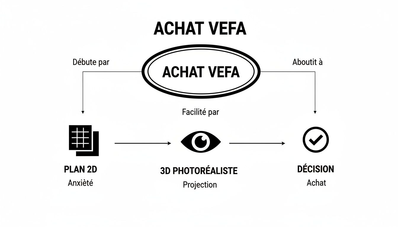 Schéma explicatif du processus d'achat VEFA, de la projection 2D anxiogène à la décision d'achat facilitée par la 3D photoréaliste.