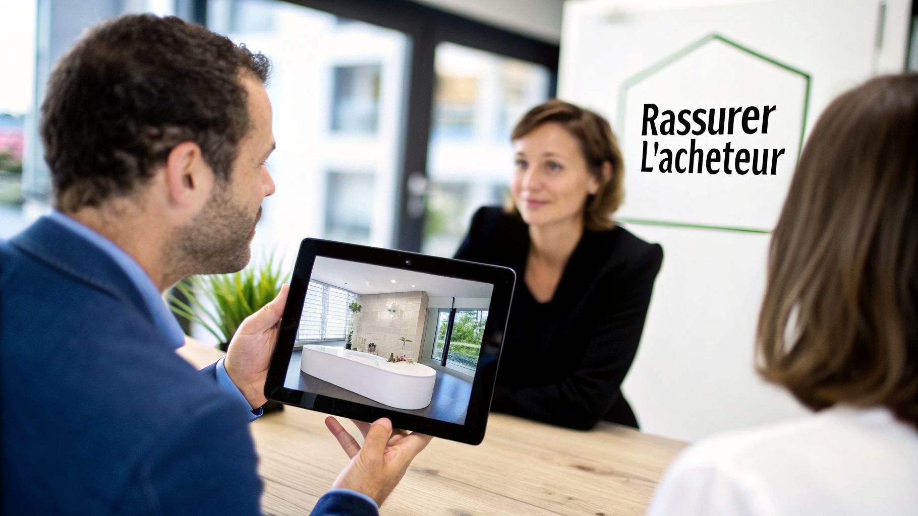 Un homme présente un simulateur de salle de bain 3D sur tablette à deux clientes lors d'une réunion.