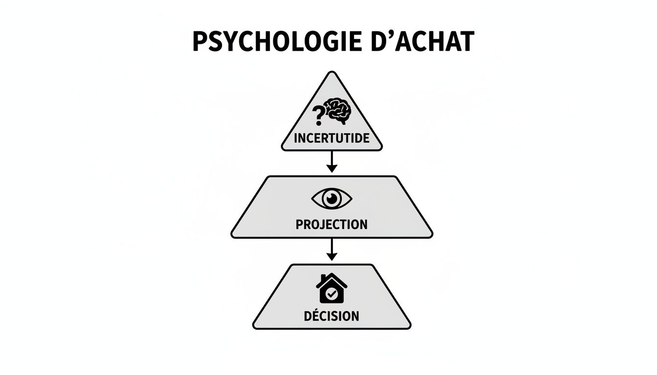 Un diagramme illustrant la psychologie d'achat, décrivant les étapes de l'incertitude à la décision via la projection.