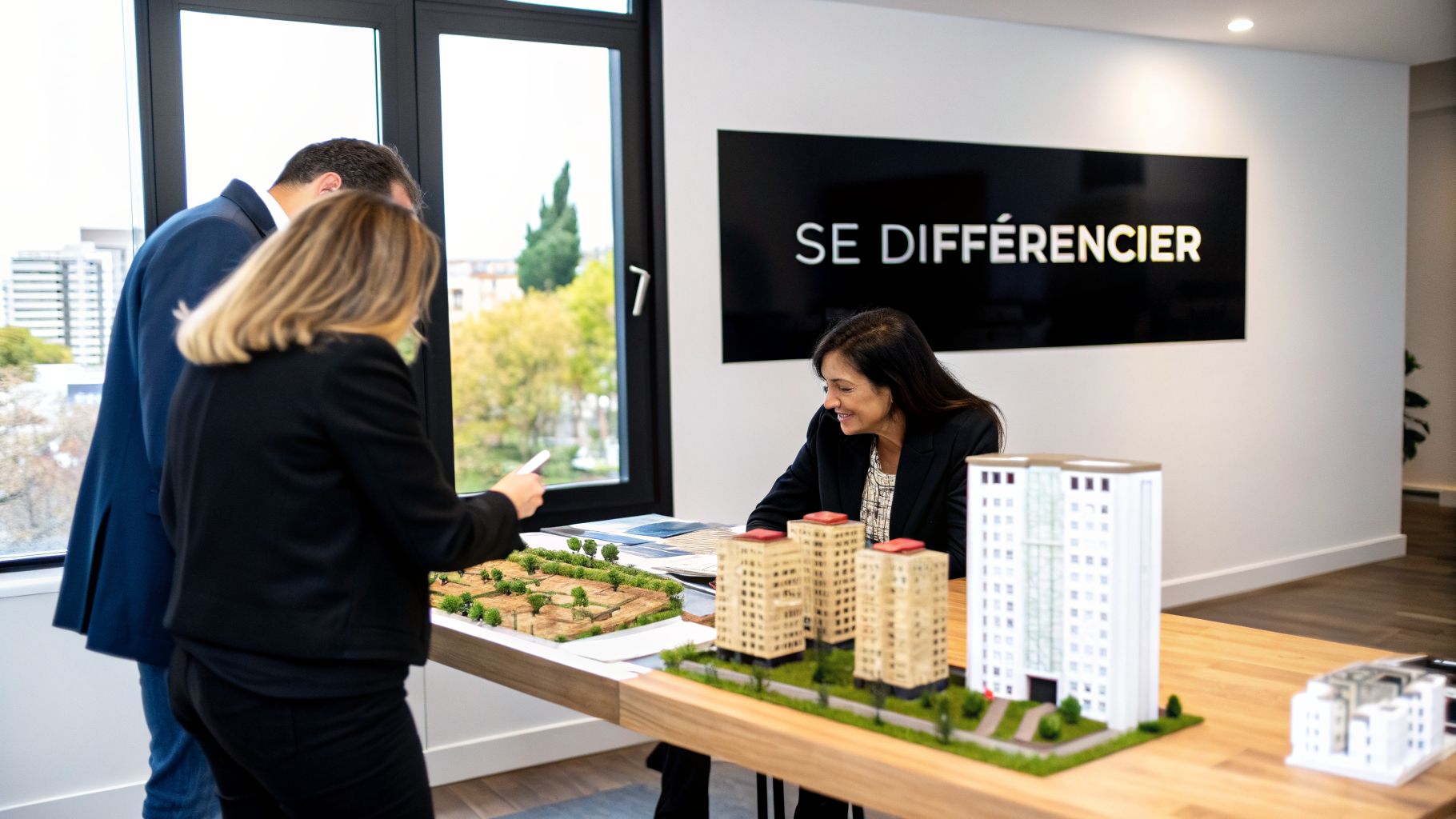Trois personnes discutant autour de maquettes d'architecture, comprenant des bâtiments et des aménagements paysagers, dans un bureau moderne.