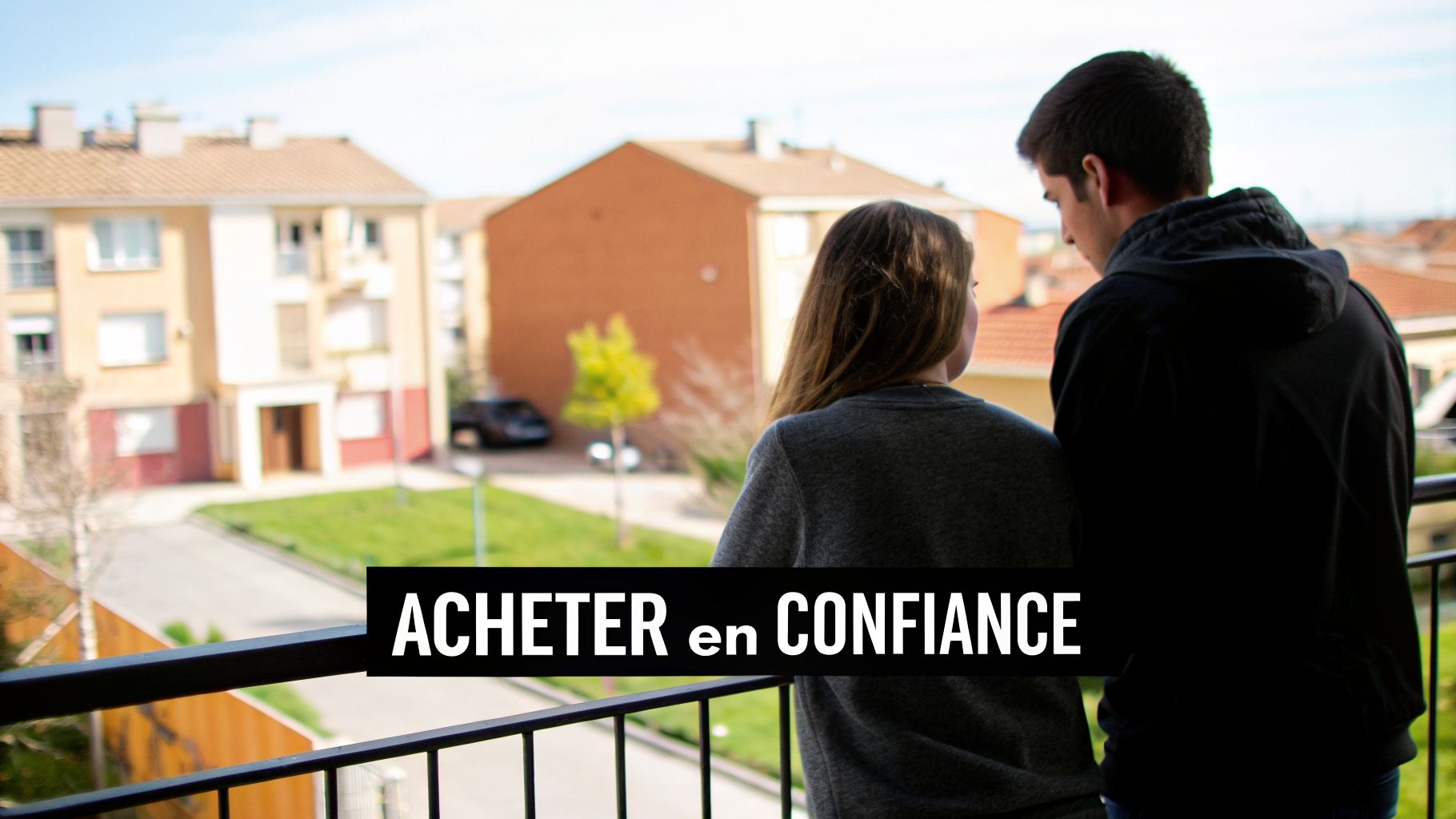 Un couple sur un balcon avec vue sur un quartier résidentiel urbain, accompagné du texte "ACHETER en CONFIANCE".