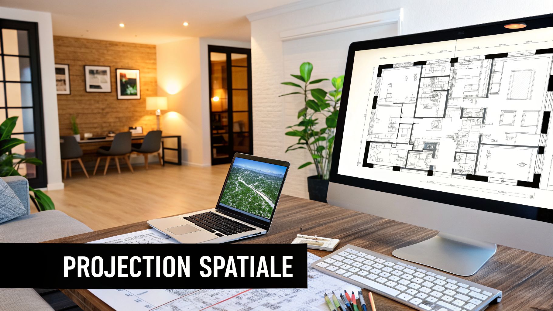 Bureau moderne avec ordinateur, écran affichant des plans architecturaux et le texte "PROJECTION SPATIALE".