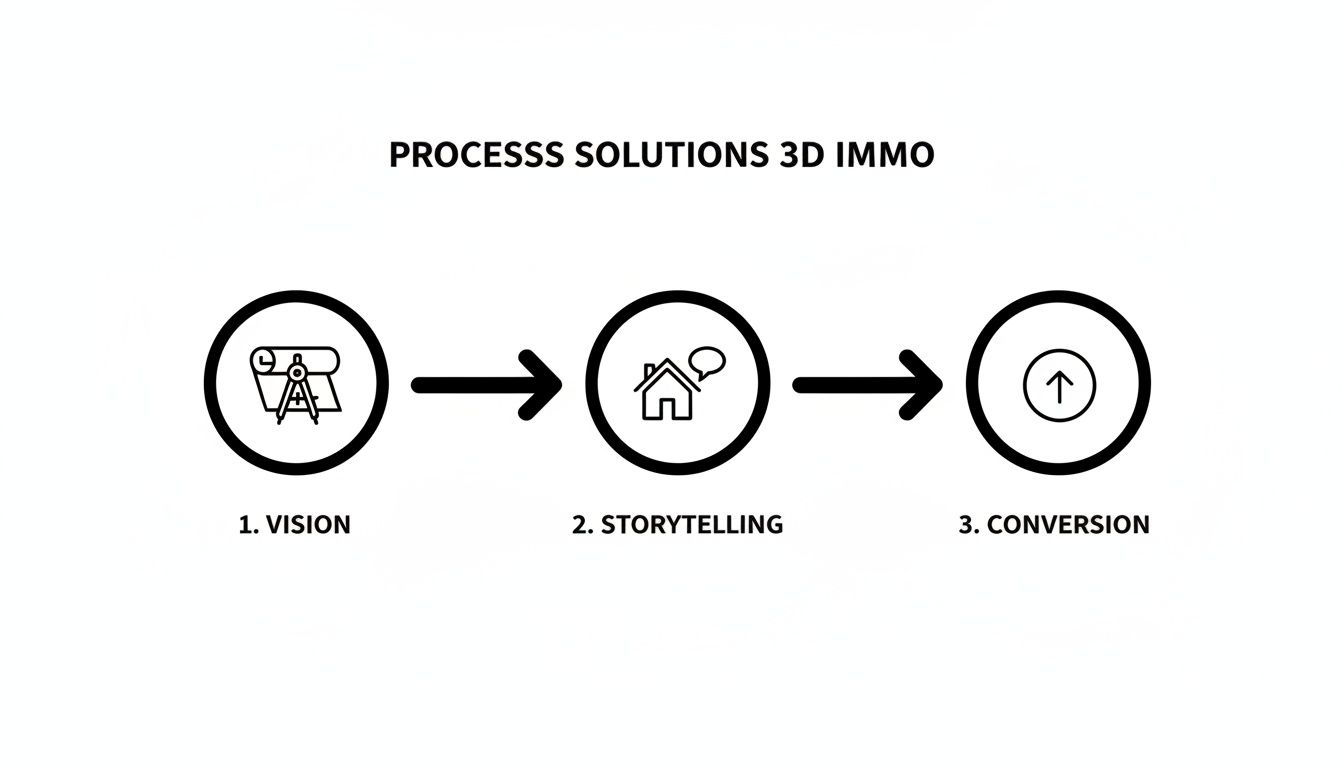 Diagramme de processus pour les solutions immobilières 3D, détaillant les étapes de vision, storytelling et conversion.