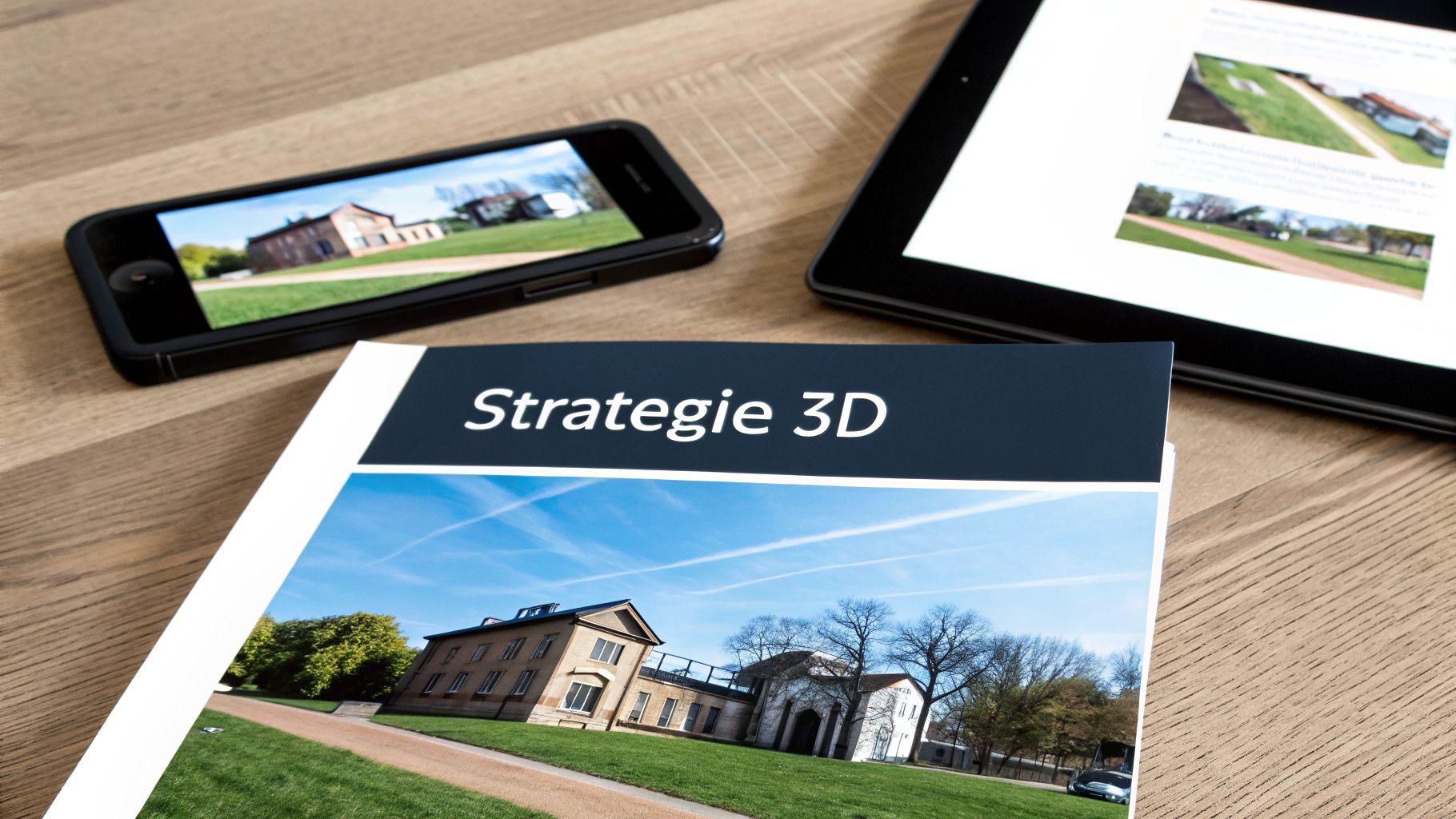 Un smartphone, une tablette et un document imprimé affichant une stratégie 3D de bâtiments sur une table en bois.