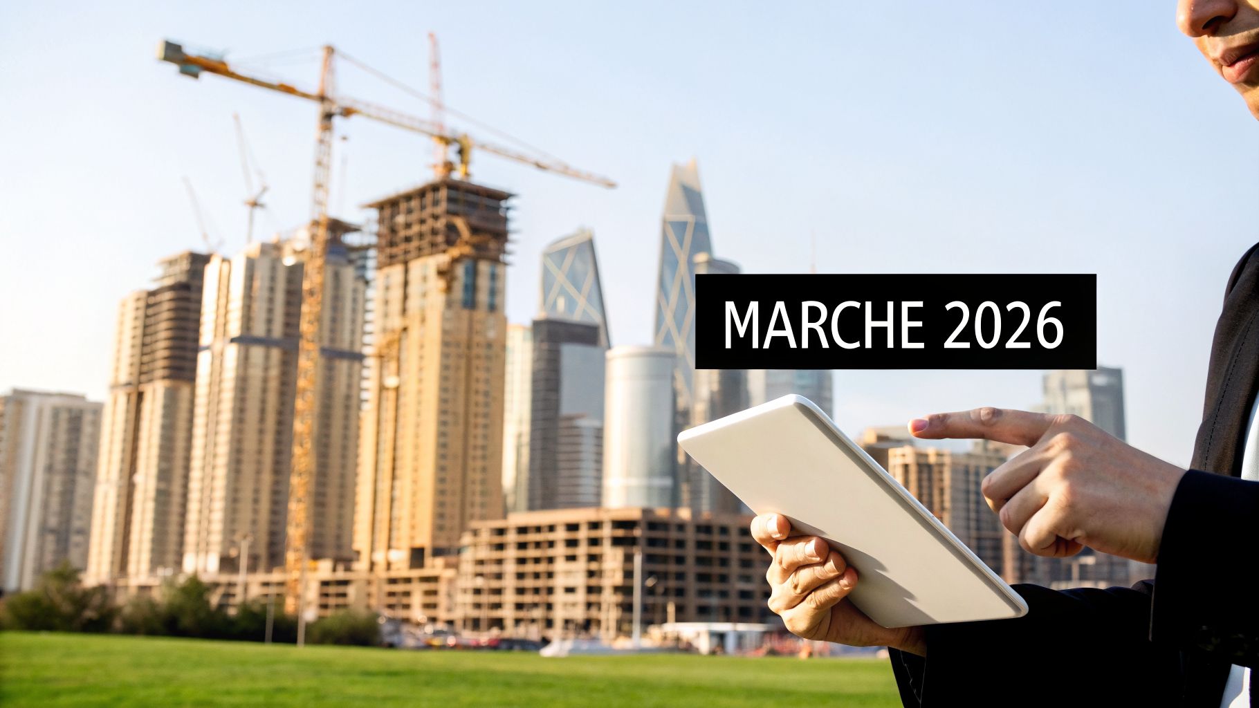 Une personne utilise une tablette numérique devant un chantier de construction moderne avec des grues et des gratte-ciel, affichant 'MARCHE 2026'.